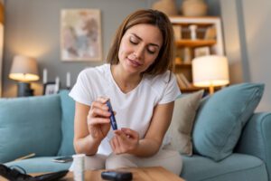 Blood sugar testing at home. Checking Blood Sugar Level At Home. Diabetic Checking Blood Sugar Levels. Woman checking blood sugar level by glucometer and test stripe at home