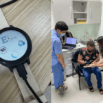 A la izquierda, dispositivo desarrollado por el equipo de investigacioìn. A la derecha, participante del estudio prueba uno de los prototipos creado por los ingenieros