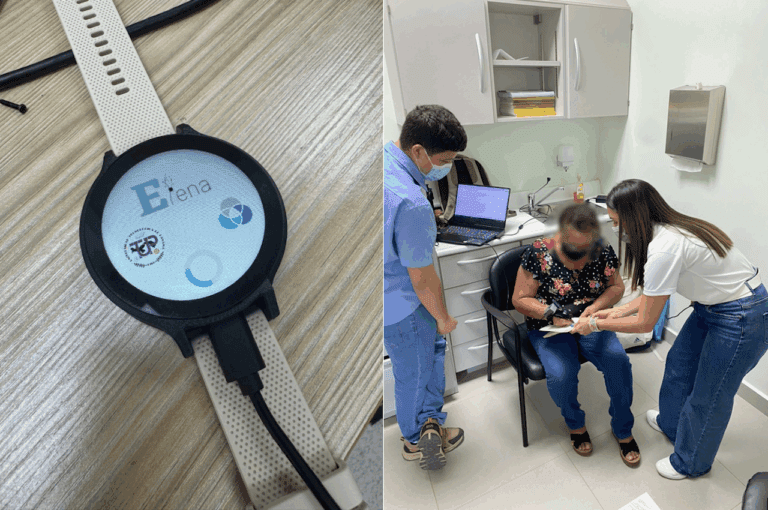 A la izquierda, dispositivo desarrollado por el equipo de investigacioìn. A la derecha, participante del estudio prueba uno de los prototipos creado por los ingenieros