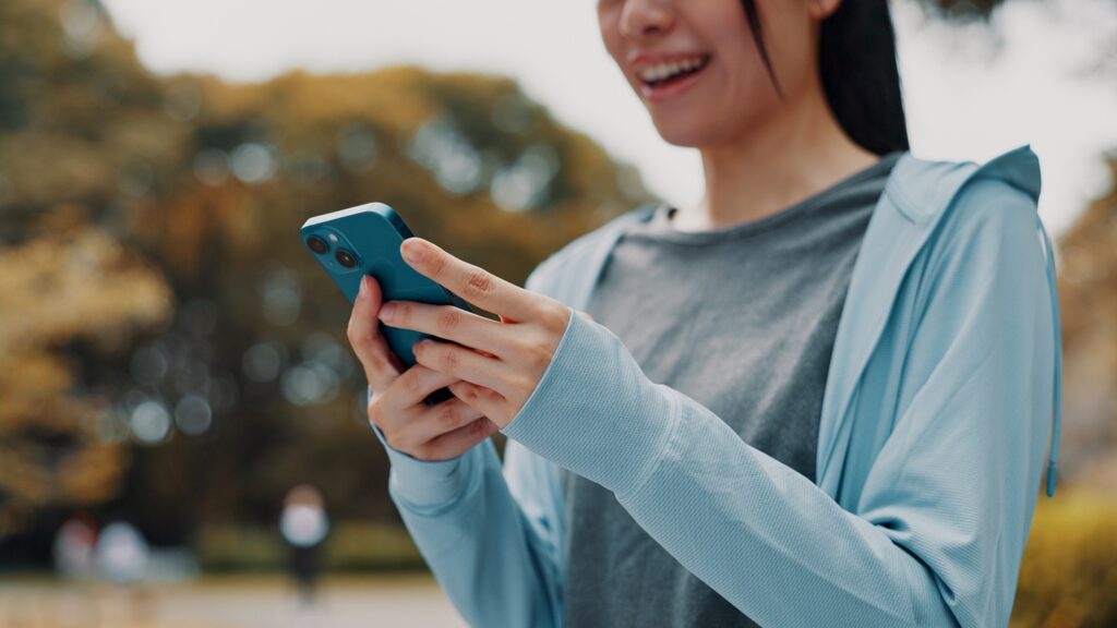 Hands,,Woman,And,Typing,With,Phone,Of,Fitness,Outdoor,,Communication