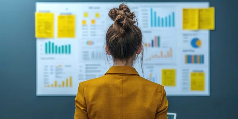 Rank and coordinator concept. Businesswoman analyzing data on a wall display.