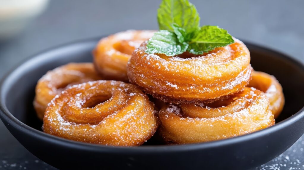 Golden jalebi syrup spirals sweet sticky indulg mint powdered sugar
