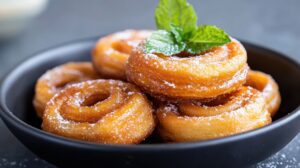 Golden jalebi syrup spirals sweet sticky indulg mint powdered sugar