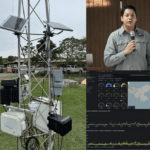 Estación de monitoreo ambiental ubicada en el Centro Regional de Azuero de la UTP. A la derecha, el investigador Edwin Collado y la plataforma de visualización de SIMA.