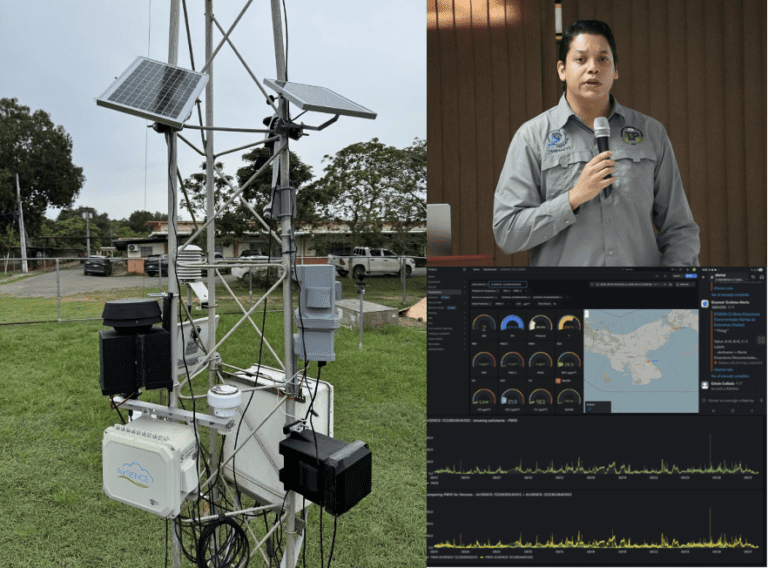 Estación de monitoreo ambiental ubicada en el Centro Regional de Azuero de la UTP. A la derecha, el investigador Edwin Collado y la plataforma de visualización de SIMA.