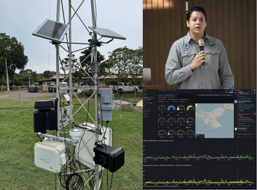Estación de monitoreo ambiental ubicada en el Centro Regional de Azuero de la UTP. A la derecha, el investigador Edwin Collado y la plataforma de visualización de SIMA.