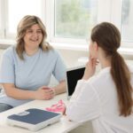 Weight loss. Nutritionist consulting overweight woman at white d